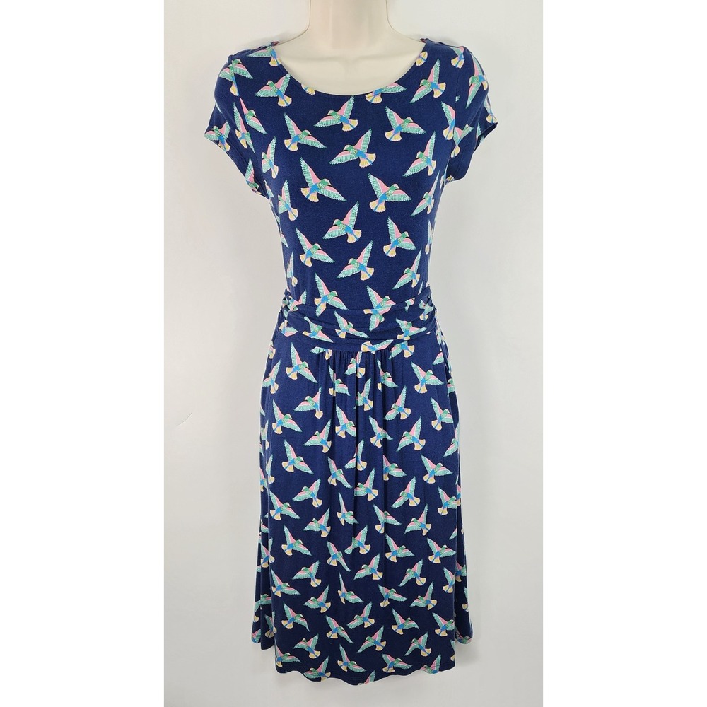 Boden Amelie Dress Women's 2R Jersey Stretch Pockets Birds Navy Blue